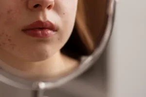 Odbicie w lustrze twarzy pokrytej trądzikiem