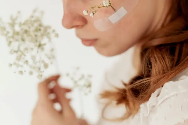 twarz z naklejonym plastrem i kwiatami